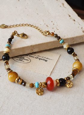 天然虎眼石串珠手链新中式高级感玛瑙串珠复古秋冬天然石钛钢饰品