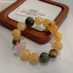 【金源】天然黄胶花水晶手串大颗粒个性绿发晶粉水晶双尖手链批发