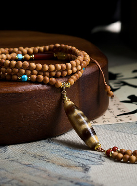 原创手工编织檀香木新中式项链文玩藏饰大鹏鸟天珠国风毛衣链多圈