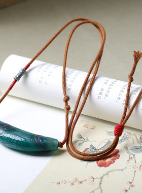 原创天然蚕丝玛瑙牛角项链文玩手工编织三七银饰品挂绳新中式风格