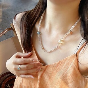 新中式海宝蓝沙金白冰种水晶项链女夏季简约串珠手串
