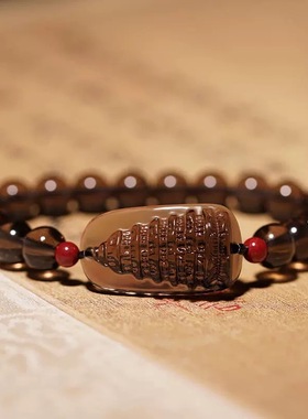 天然茶冰晶文昌塔手链 学霸情侣手链黑曜石冰种手串配朱砂珠子