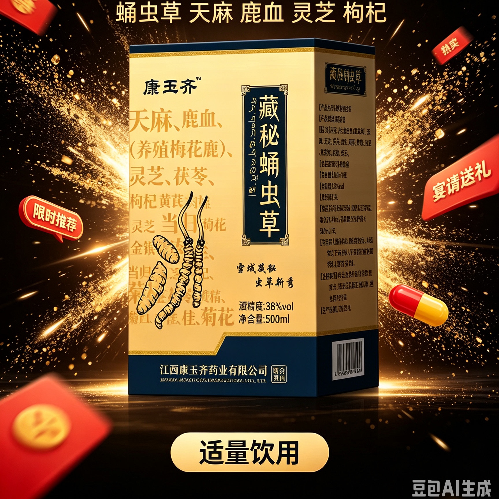 藏秘蛹虫草配制酒 康玉齐 天麻 鹿血 酒精度:38%vol 净含量:500ml