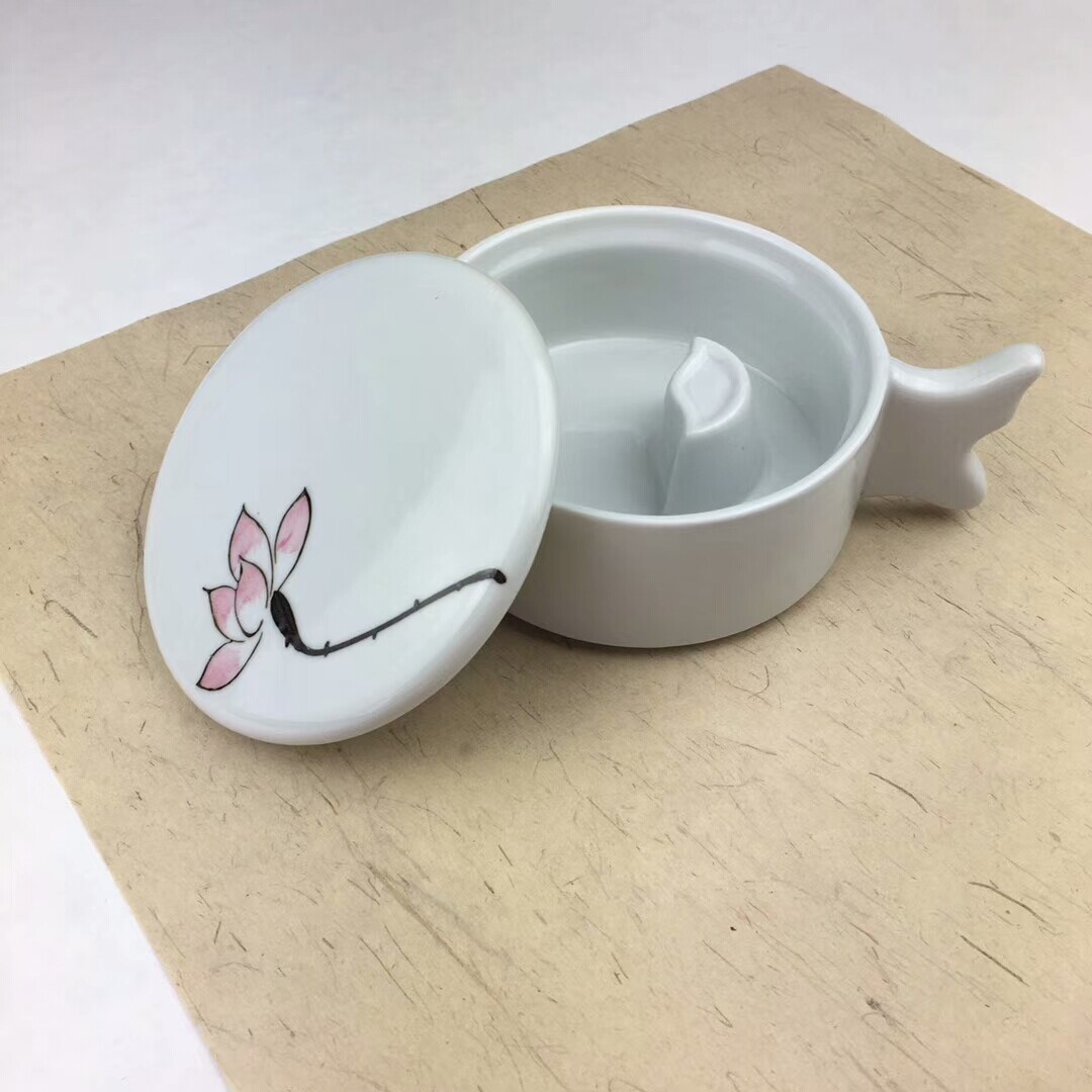 碟墨初台砚台砚 端文瓷碟陶盒笔宝墨砚汁带洗水台四砚墨房盖墨海