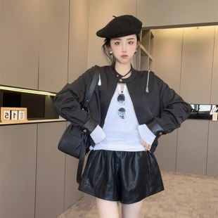 夹克洋气欧货潮时髦上衣 拼皮圆领拉链短款 外套女2025新款 秋季 长袖