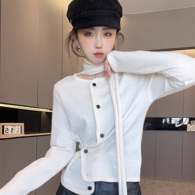 纯色开衫围脖小衫女2025新款