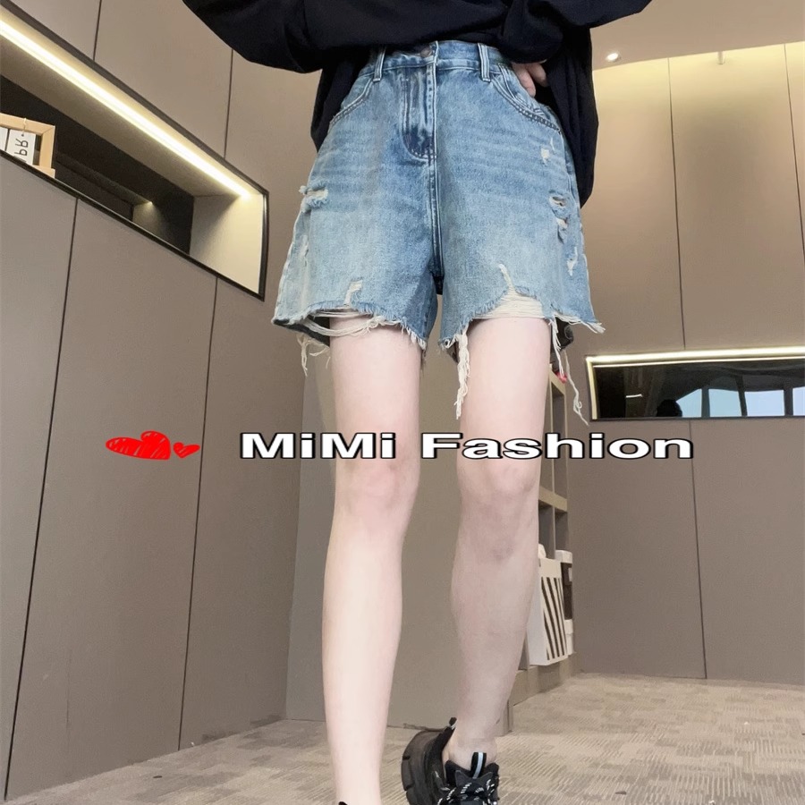 水洗破洞牛仔裤短裤女2025春夏新款后松紧腰宽松显瘦裤子欧洲站潮