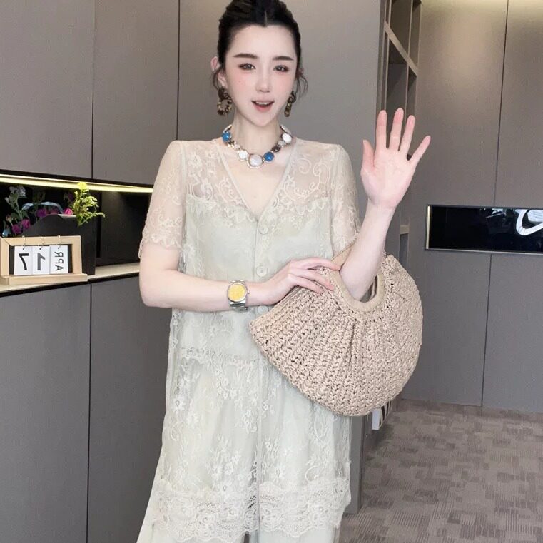 韩系夏薄蕾丝拼接短袖中长外套女