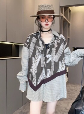 【现货】拼接格子长袖衬衫女2025新款翻领单排扣中长款宽松上衣潮