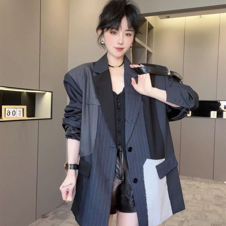 【现货】拼接长袖西服棉服女2026冬季西装领外套上衣潮oversize风