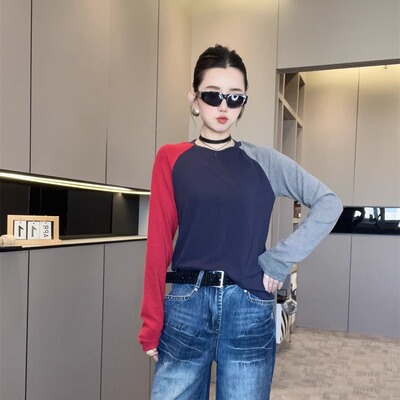 撞色长袖T恤女2025新款圆领