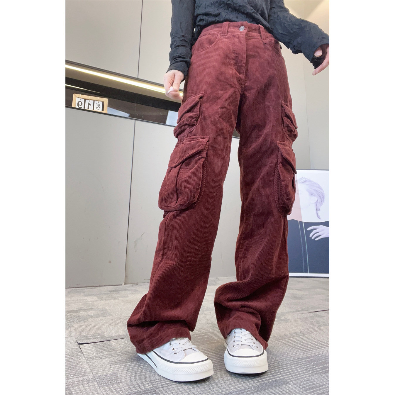 秋新工装条绒高腰阔腿休闲裤女