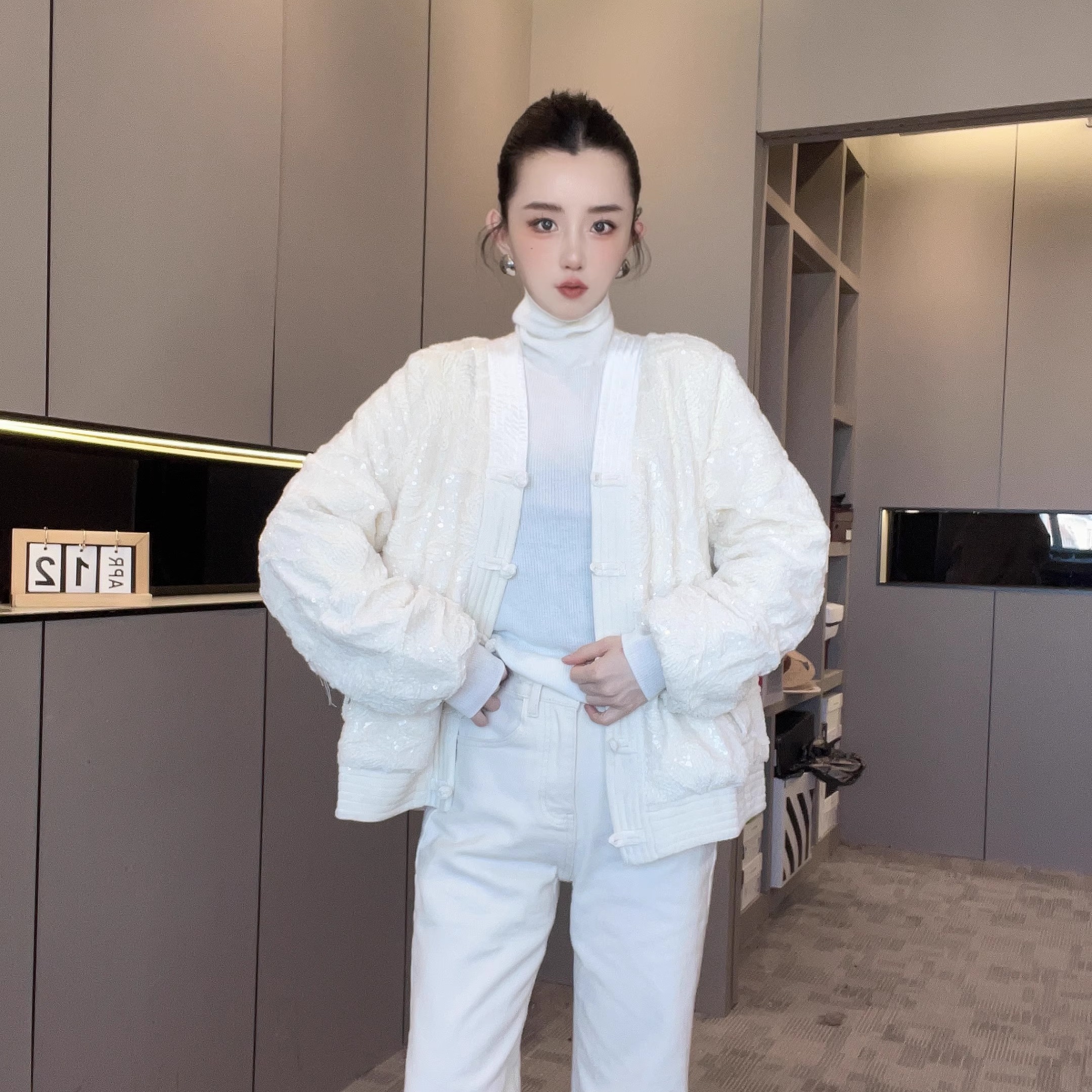 重工亮片棉服外套女2025新款