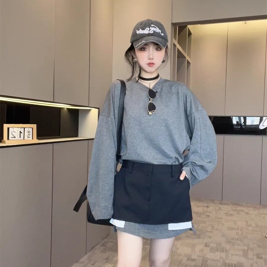 拼接假两件砍袖连衣裙女2026新款