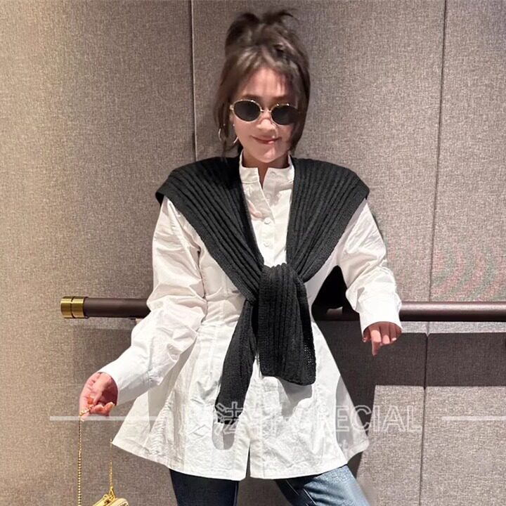 冬季针织披肩衬衫两件套显瘦女