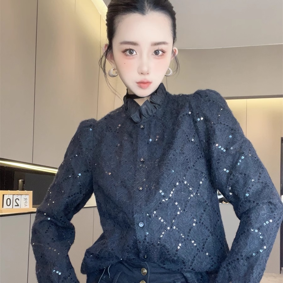 重工亮片衬衫女蕾丝喇叭袖荷叶领单排扣泡泡袖内搭小衫打底衫欧货