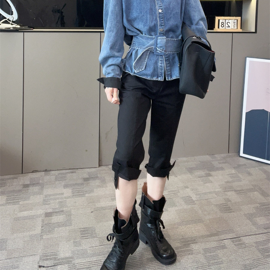秋新高腰显瘦开叉七分休闲裤女