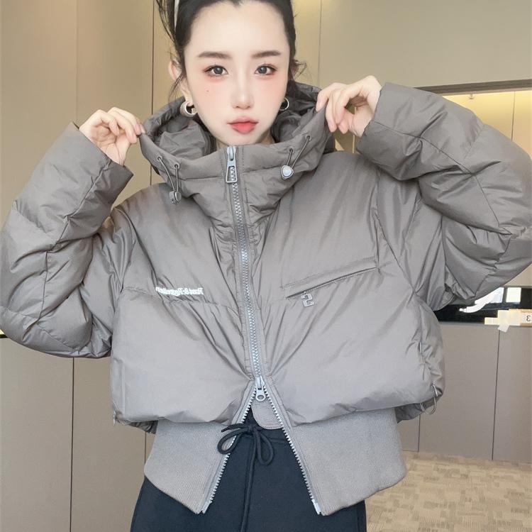 字母印花短款羽绒服外套女2025冬新款连帽针织拼接收腰上衣欧洲站
