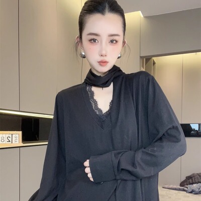 挂脖飘带长袖T恤女2025新款