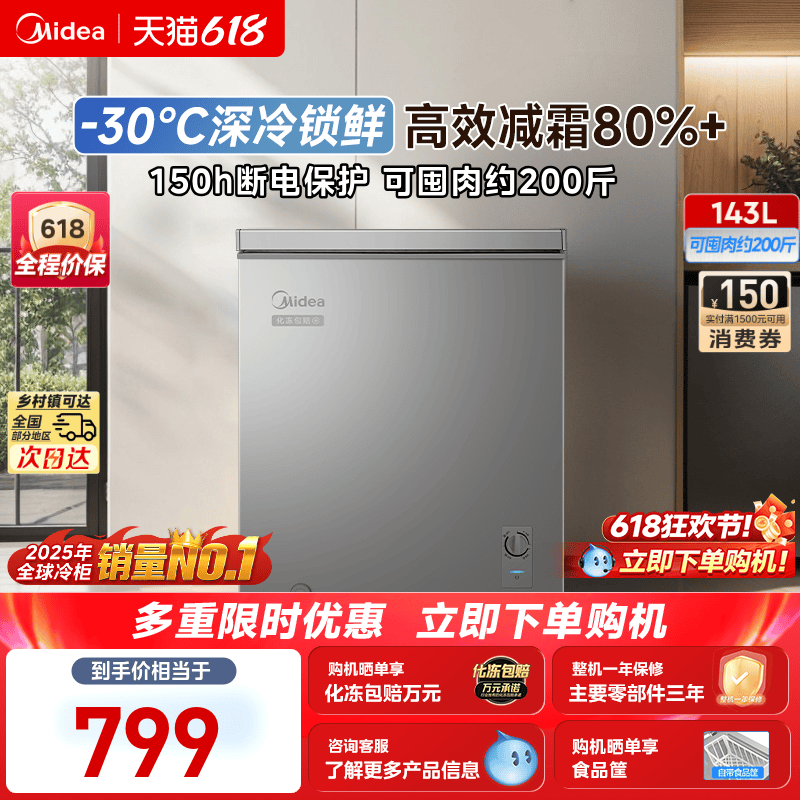 美的143L小冰柜家用小型冷柜一级节能两用冷冻冷藏减霜官方小冰箱