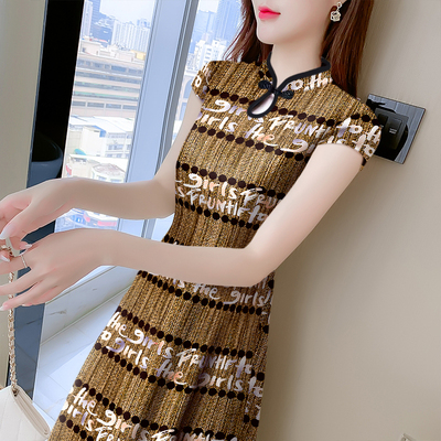 中长款改良旗袍连衣裙子夏新款简约印花内搭遮肚子高贵洋气中长裙