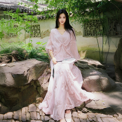 澄渔新中式粉色亮片刺绣连衣裙