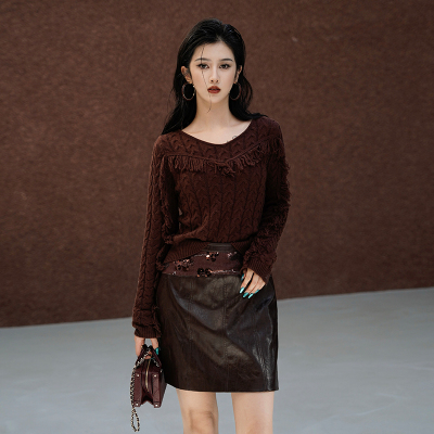 澄渔新中式檀褐两色拼皮半身裙