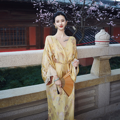 新中式桑蚕丝宋锦收腰显瘦连衣裙