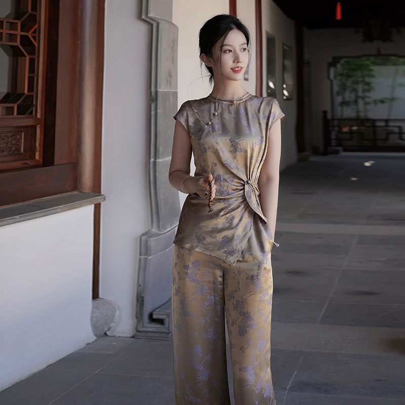 新中式100真丝提花阔腿裤套装