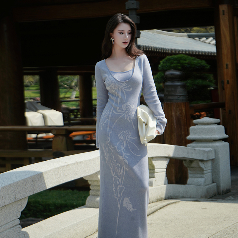 新中式美利奴羊毛收腰提花针织裙