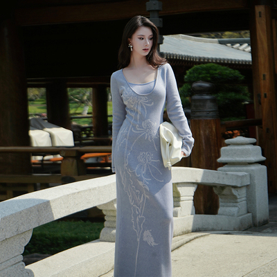 新中式美利奴羊毛收腰提花针织裙