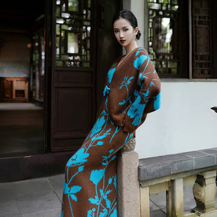 澄渔高定【兰麟美人】新中式迦蓝棕榈浣熊绒羊毛连衣裙外套套装