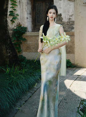 澄渔高定【碧蘅】新中式重磅真丝醋酸金丝刺绣鱼尾连衣裙