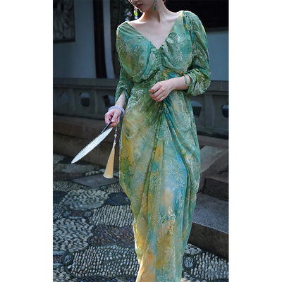 天丝金丝绒天丝新中式长裙