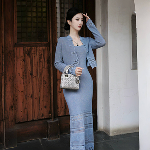 澄渔高定【锦瑟星岚】新中式钻蓝色真丝羊毛针织连衣裙外套套装