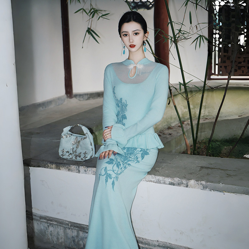 澄渔高定【璎珞清影】新中式琉璃羊驼绒羊毛提花旗袍针织连衣裙