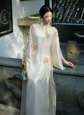 澄渔高定【浮光掠金】新中式金织100%桑蚕丝手工立体花朵连衣裙