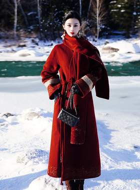 澄渔高定【顺圣榴金】新中式鼎级皇家苏利羊驼重磅刺绣长款大衣