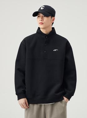 2024秋季潮牌痞帅立领套头卫衣男纽扣领口重磅男士宽松长袖上衣服