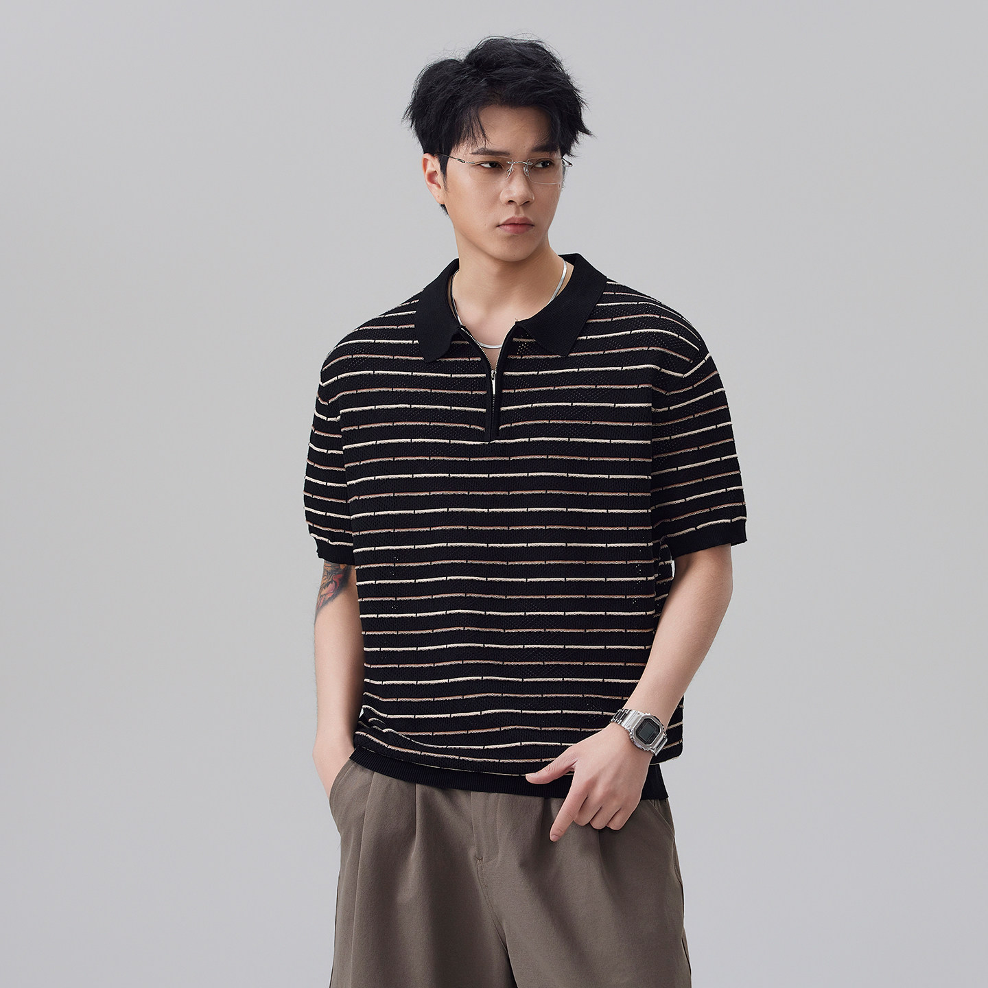半拉链短袖POLO衫男2026夏季新款高级感条纹针织翻领上衣T恤衫潮