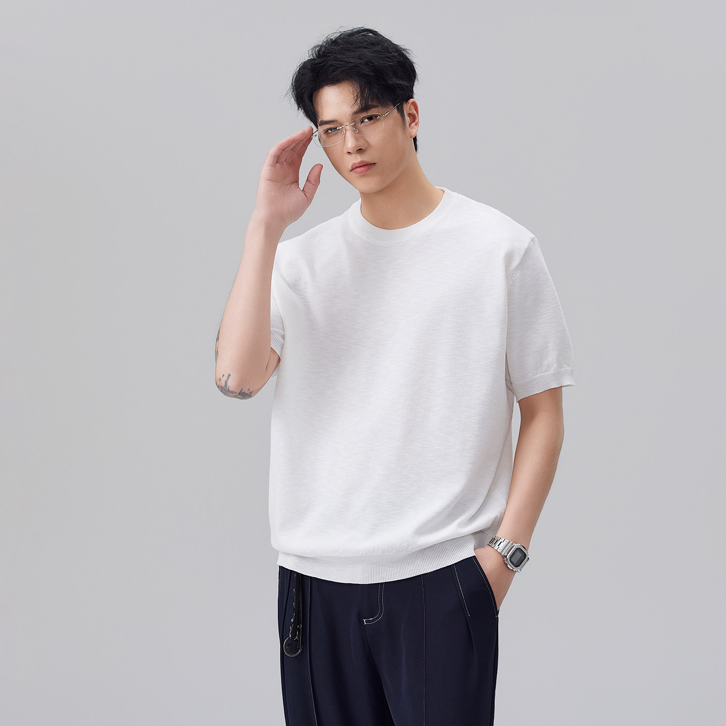 港风白色针织短袖T恤男2026夏季新款宽松透气圆领打底衫休闲半袖t