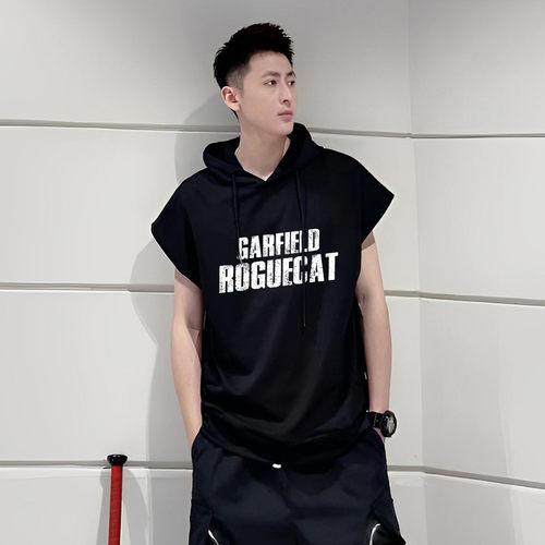 美式坎肩速干吸汗健身带帽背心T