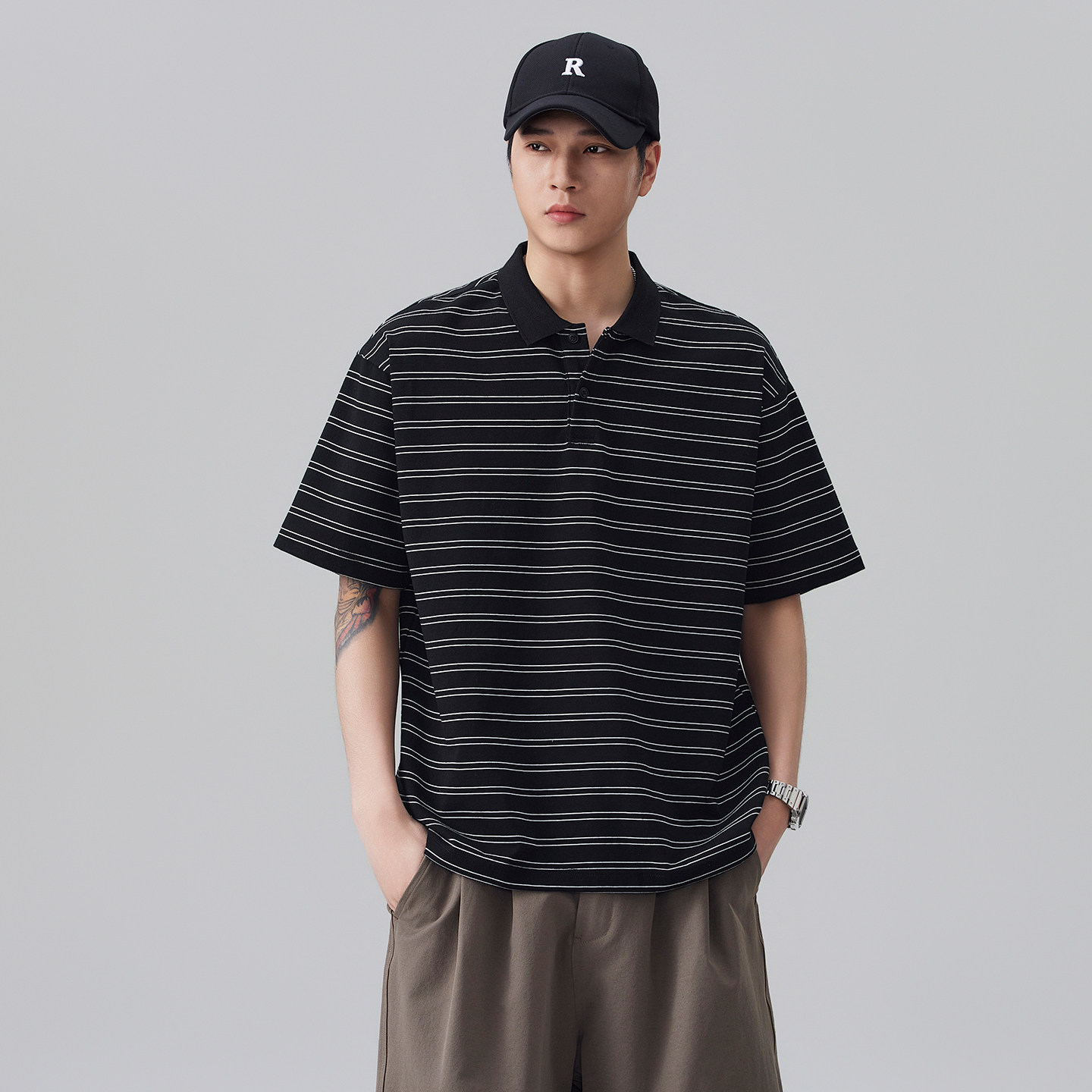 条纹宽松纯棉POLO衫男短袖夏季