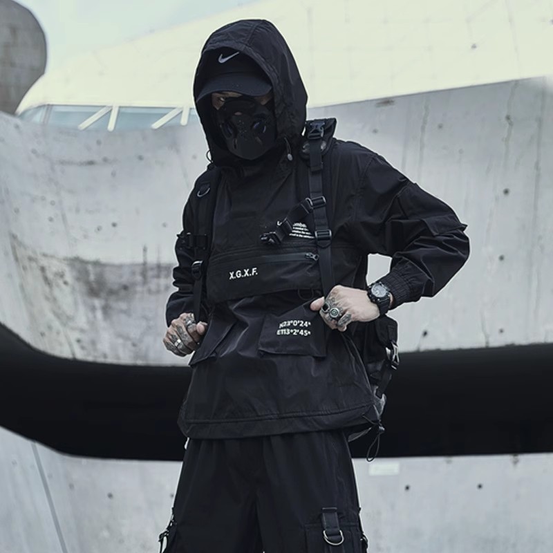 户外旅游休闲机能机车风半拉链工装卫衣秋冬男士连帽套头帽衫外套