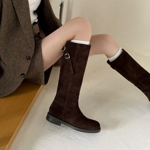 秋冬全牛皮翻毛带扣女骑士长筒靴
