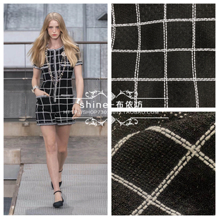 欧产走秀宋茜同款黑白大格亮丝花呢粗纺面料小香风外套连体裤布料