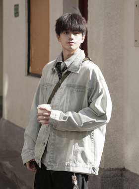 GOGOSOON水洗做旧牛仔外套男2026新款春秋夹克翻领复古青少年廓形