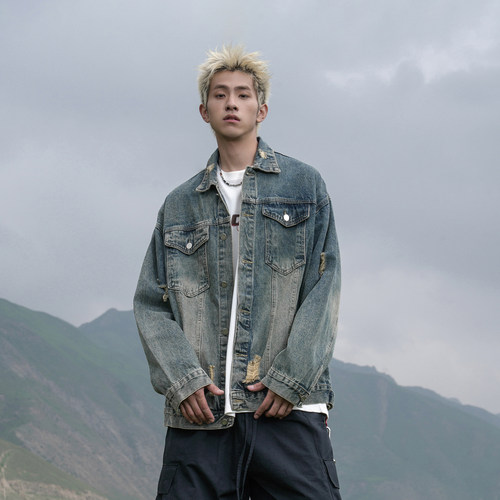 GOGOSOON牛仔外套男新款2025春秋夹克破洞美式潮牌水洗做旧青少年