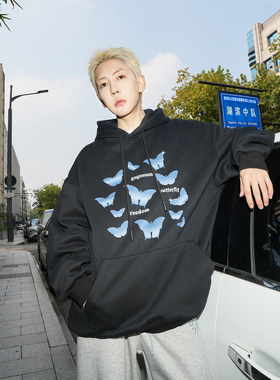 GOGOSOON卫衣男秋冬新款连帽加绒外套460g街头时尚蝴蝶保暖上衣Q