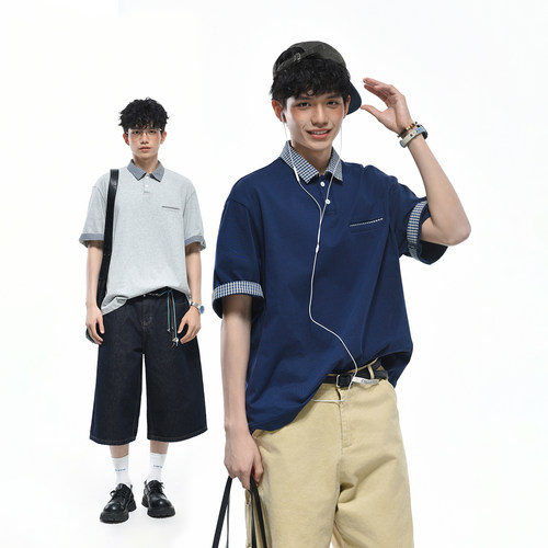 GOGOSOON 100%棉270g亲肤棉宽松短袖Polo衫男夏季撞色格纹拼接T恤